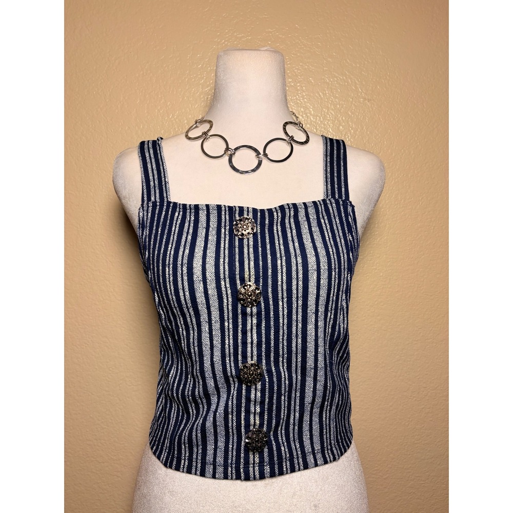 Y2K Scene No Boundaries Striped Crop Tank Top Filigree Buttons L #11